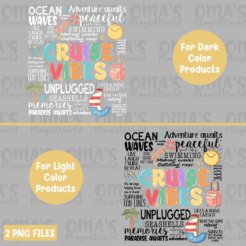 Peut inclure: Deux designs num&eacute;riques pour l'impression par sublimation. Les designs pr&eacute;sentent du texte color&eacute; sur le th&egrave;me de la plage et de l'oc&eacute;an. Le texte comprend "Ocean Waves", "Cruise Vibes", "Unplugged", "Seashells", "Memories", "Paradise Awaits", "Adventure Awaits", "Peaceful", "Swimming", "Making Waves", "Catching Rays", "Life's a Wave", "Seas the Day", "Relaxing", "Sunsets", "Better on a Cruise", "It's Always Happy Hour", "Sunshine", "Tan Lines". Un design est pour les produits de couleur fonc&eacute;e et l'autre est pour les produits de couleur claire.