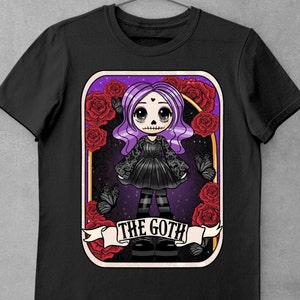 The goth doll tarot card png sublimation design download, goth girl skeleton png, gothic witchy skull png, sublimate designs download