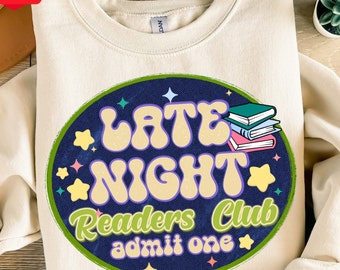 Late Night Readers Club geben eine png Sublimation Design Download, literarische PNG, Buchliebhaber PNG, Buch PNG, Bücherwurm PNG, sublimieren Download