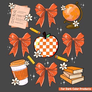 May include: Orange and white checkered apple, orange bows, a globe, a coffee cup, pencils, a stack of books, and a checklist with the text "World Traveler" on a dark gray background.
