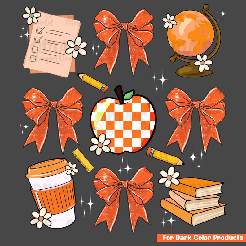 May include: Orange and white checkered apple, orange bows, a globe, a coffee cup, pencils, a stack of books, and a checklist with the text "World Traveler" on a dark gray background.