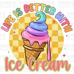 Puede incluir: La vida es mejor con helado. Un cono de helado colorido con un remolino de helado rosa, morado y azul que gotea por el lado. El cono de helado est&aacute; sobre un fondo a cuadros amarillo y blanco.