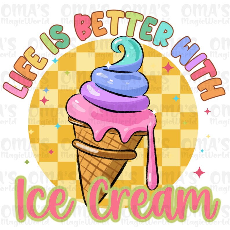 Puede incluir: La vida es mejor con helado. Un cono de helado colorido con un remolino de helado rosa, morado y azul que gotea por el lado. El cono de helado est&aacute; sobre un fondo a cuadros amarillo y blanco.
