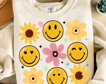 Flowers spring smiley face png sublimation design download, groovy png, smile face png, spring png, sublimate designs download