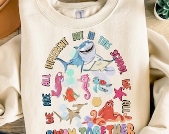 Nous sommes différents mais dans cette école, nous nageons tous ensemble png sublimation design download, hello summer png, sea life png, designs download