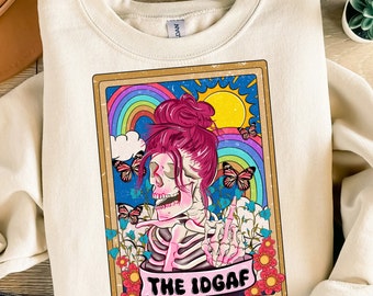 Descarga de diseño de sublimación de png de la carta del tarot de IDGAF, Cráneo esqueleto sarcástico jurando png, Carta de tarot divertida png, Descarga de diseños sublimados