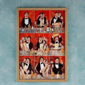 May include: A framed painting of a man in a tuxedo making a cocktail. The painting is divided into nine squares, each showing a different step in the process. The man is shown stirring, shaking, and pouring the ingredients. The painting is done in a colorful, cartoonish style.