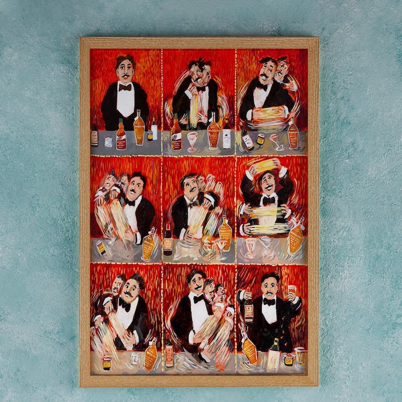 May include: A framed painting of a man in a tuxedo making a cocktail. The painting is divided into nine squares, each showing a different step in the process. The man is shown stirring, shaking, and pouring the ingredients. The painting is done in a colorful, cartoonish style.