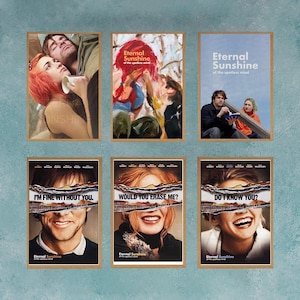 Puede incluir: Seis carteles de películas para la película "Eternal Sunshine of the Spotless Mind". Los carteles muestran diferentes escenas de la película, incluyendo una pareja acostada, una pintura de una pareja y una pareja sentada en una escalera. Los carteles también muestran texto de la película, como "Estoy bien sin ti", "¿Me borrarías?" y "¿Te conozco?"