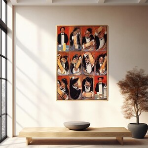 May include: A colorful painting of a man making a cocktail. The painting is divided into nine squares, each showing a different step in the process. The man is wearing a black suit and a white shirt. The background is a red and orange color.