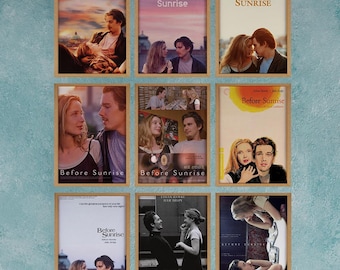 May include: Nine framed movie posters for the film "Before Sunrise" are displayed. The posters feature images of the actors and the film's title. The posters are in wooden frames and are arranged in a grid pattern.