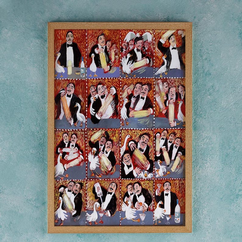 May include: A framed painting depicting a series of scenes with men in tuxedos and geese. The men are holding the geese and interacting with them in various ways. The painting is done in a colorful style with a red, orange, and yellow background.