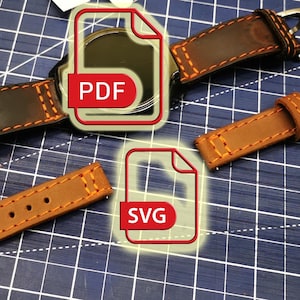 May include: Two leather watch straps with orange stitching. The straps are laid out on a blue grid surface. One strap is brown and the other is tan. The image includes text overlays that say "PDF" and "SVG".