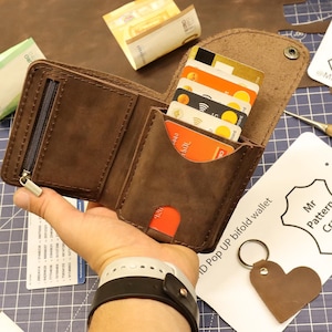 Patrón en PDF para hacer una billetera inteligente de cuero RFID con tres pliegues, tarjetero y monedero con cremallera, tutorial de costura
