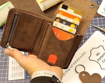 PDF Pattern for making DIY Smart Pop Up Rfid leather trifold wallet with card holder + zipper coin pouch how to sew tutorial template