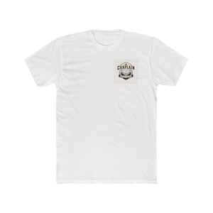 May include: A white short-sleeve t-shirt featuring a small graphic on the left chest. The graphic is a shield-shaped emblem with the word CHAPLAIN in bold letters, a small cross at the top, and an illustration of two hands held in prayer.