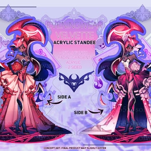 Może przedstawiać: Akrylowy standee przedstawiający postać w sukni wieczorowej. Projekt jest dwustronny, ze stopniowaniem i mierzy 15 cm. Tekst na standee brzmi "EVENINGWEAR VELVETTE ACRYLIC STANDEE".