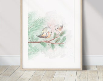 Watercolor Bird Nursery Art Print | Whimsical Storybook Illustration