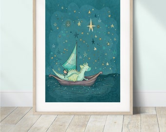Dragon Nursery Print | Gentle Fantasy Wall Art for Kids | Puff the Magic Dragon-Inspired Art | Whimsical Baby Room Decor
