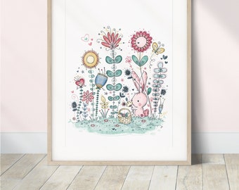 Lámina decorativa infantil con diseño de conejitos / Jardín floral, acuarela caprichosa