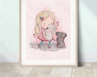 Girls Koala Art Print, Girls Bedroom Wall Decor, Australian Animals, Baby Girl Wall Decor, Baby Koala, Watercolor Animals, Nursery Wall Art