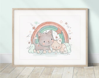 Regenbogen Katze Poster | Wunderliche Tierkunst für Mädchen | Niedliches Kätzchen Wanddekor | Pastell Regenbogen Kinderzimmer Kunstwerk