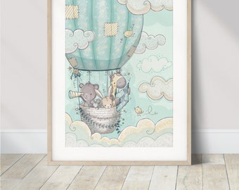 Nursery Hot Air Balloon Art Print, Baby Boy Wall Decor, Cute Animal Artwork, Nursery Wall Art, Sky Nursery Art, Kids Animal Art Print, Baby