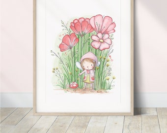 Nursery Fairy Art Print, Girls Fairy Prints, Girls Whimsical Nursery Wall Art, Fairy Flower Print, Fairy Nursery Wall Decor, Fairytale Art