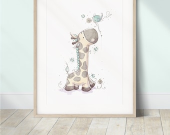 Lámina de jirafa para guardería / Arte mural de animales de safari / Decoración de habitación de bebé / Ilustración de jirafa / Lámina para dormitorio infantil