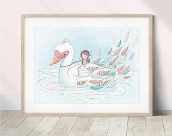 Swan Nursery Art Print | Girls Bedroom Wall Art | Whimsical Fairy Animal Illustration | Pastel Nursery Decor