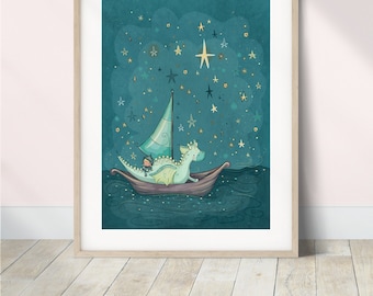 Girls Dragon Art Print | Puff the Magic Dragon Inspired Nursery Wall Art | Whimsical Fantasy Decor | Pastel Kids Room Artwork