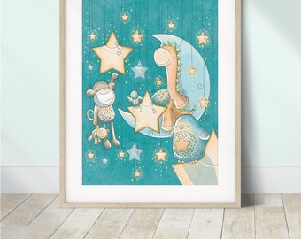 Star Nursery Print, Animal Nursery Artwork, Dinosaur Nursery, Boys Nursery Wall Decor, Animal Art Print for Kids, Baby Boy Animal Print