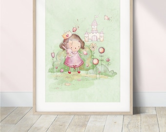 Nursery Princess Art Print, Girls Princess Art Print, Princess Castle Wall Art, Princess Nursery Prints, Fairytale Nursery Wall Decor, Birds