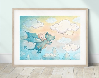 Dragon Art Print | Whimsical Nursery Decor, Soft Pastel Illustration