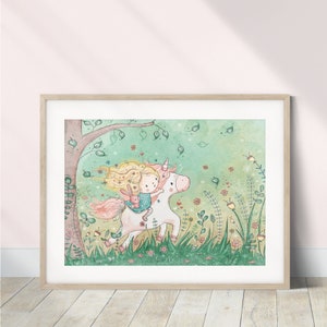 Impresión de unicornio para guardería / Arte de pared caprichoso para niña / Obra de arte de unicornio en tonos pastel suaves / Decoración de cuento de hadas para guardería / Arte mágico para habitación infantil