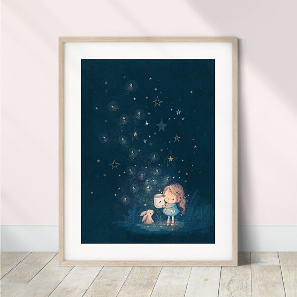 Firefly Art Print, Fireflies, Girls Whimsical Nursery Art, Girls Nursery Animal Prints, Nursery Night Sky Print, Girl Navy Blue Nursery Art