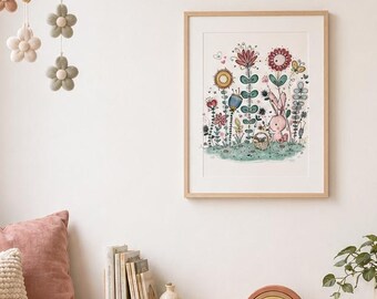 Bunny Nursery Art Print | Floral Garden, Whimsical Watercolor