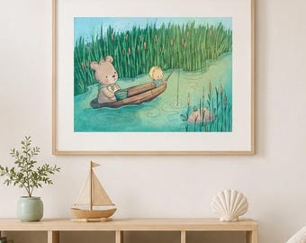 Fishing Nursery Art Print | Watercolor Bear Illustration