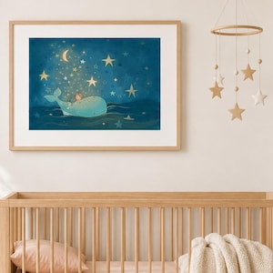 Quadro decorativo para quarto de bebê com tema de baleia | Menina | Bebê menina | Estrelas e Lua
