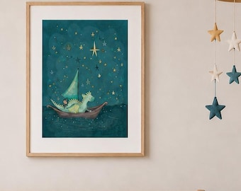 Dragon Nursery Wall Art, Boy or Girl Sailing Dragon Print, Whimsical Kids Room Decor