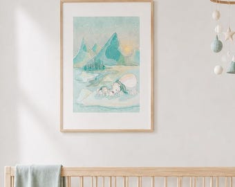 Väggkonsttryck med isbjörn och barnrum | Nyckfull illustration av arktiska djur, vinterdekor