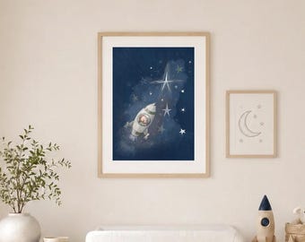 Rocket Nursery Wall Art, Boy or Girl Space Print, Whimsical Kids Room Decor