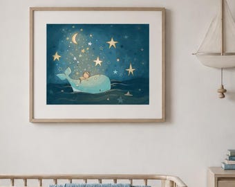Whimsical Whale Nursery Art Print | Boy | Starry Night, Coastal Decor