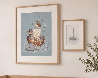 Storybook Pirate Ship Art Print | Whimsical Nautical Nursery Decor
