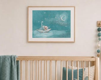 Dinosaur Nursery Wall Art, Boy or Girl Brontosaurus Paper Boat Print
