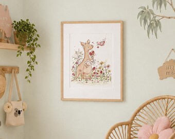 Girls Kangaroo Nursery Print | Australian Animal Wall Art | Outback Wildlife Decor | Baby Girl Room Artwork | Whimsical Nursery Poster