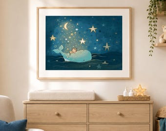 Whale Nursery Wall Art, Boy or Girl Starry Night Print, Ocean Nursery Decor
