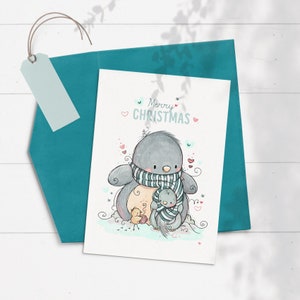 Tarjeta de Navidad con pingüino, tarjeta de pingüino para niños, invierno, nieve, tarjeta festiva, feliz Navidad, animales lindos, tarjeta para niños, nieve, amistad, pájaro