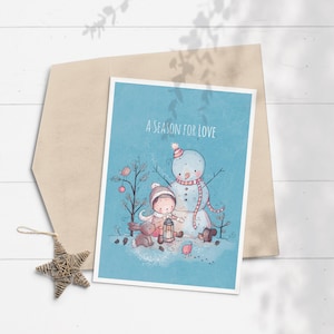 Cartão de Natal do boneco de neve das crianças, cartão do Natal da floresta, cartão bonito do boneco de neve, cartão do feriado do boneco de neve, cartão de Natal dos animais da floresta