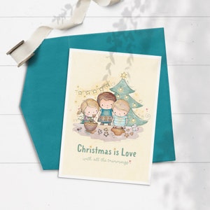 May include: A Christmas card with a watercolor illustration of three children baking cookies in front of a decorated Christmas tree. The card reads "Christmas is Love with all the trimmings."